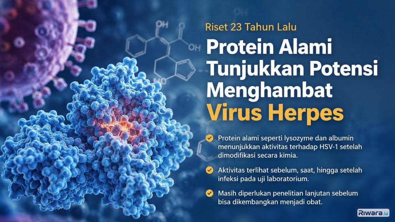 Ilustrasi ilmiah protein alami lysozyme dan virus herpes simplex tipe 1 HSV-1 dalam konteks penelitian antivirus in vitro